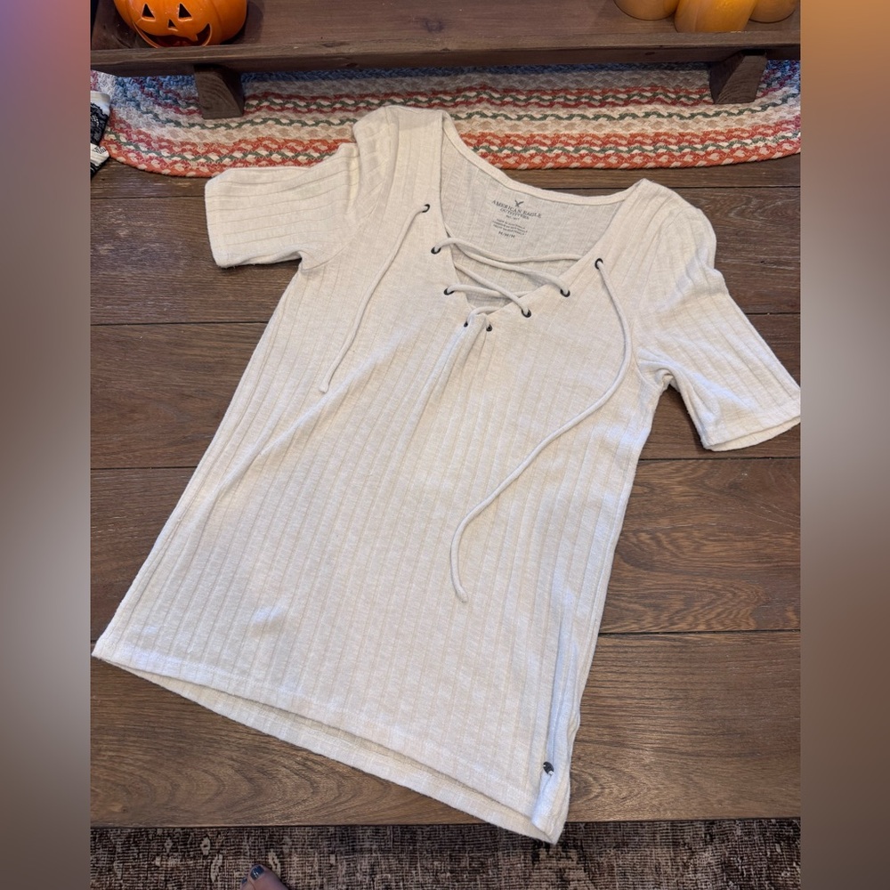 American Eagle Lace Up Ribbed White Tee